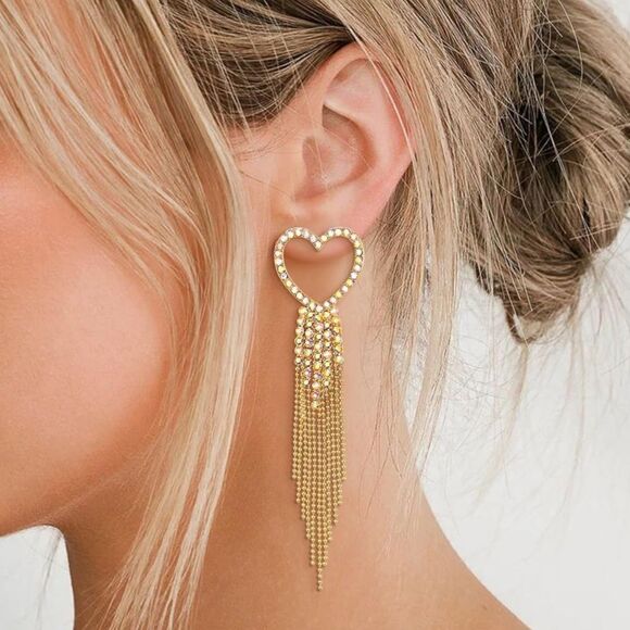 Yellow Gold with Iridescent AB Crystal Heart Beaded Tassel Post Back Earrings - Picture 3 of 5